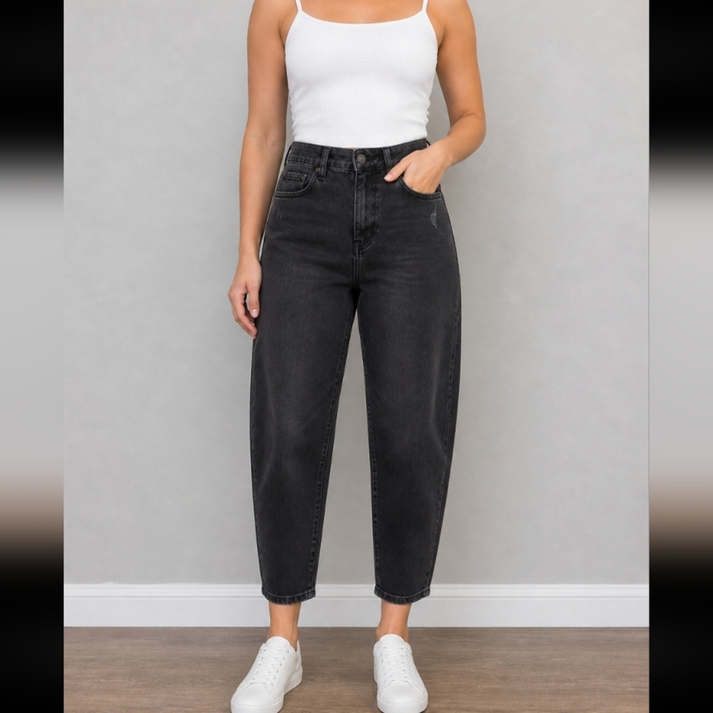 LOFT Barrel High Rise Black High-Waisted Jeans 30 Petite Inseam Distressed